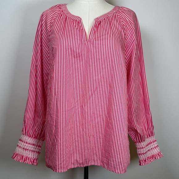Talbots Butterfly Pink White Stripe Blouse Smocked Cuff Size Large Petite (Lp) - Picture 2 of 9
